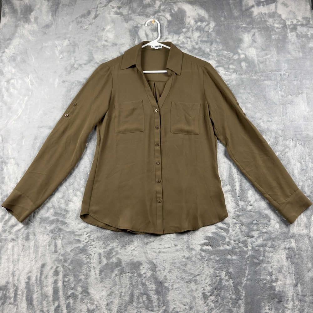 Express Womens Small Olive Green Roll Tab Long Sleeve Button Down Blouse Shirt